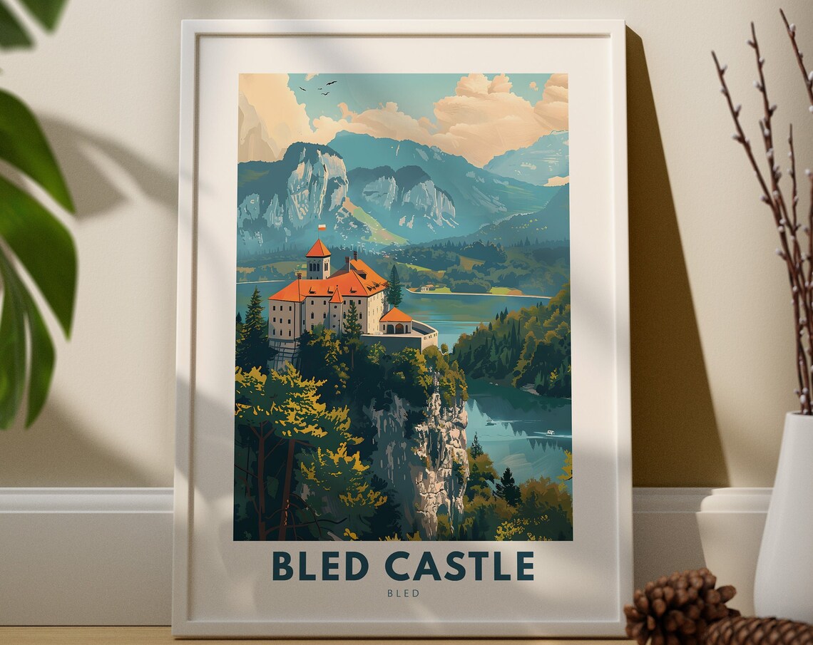 Bled Castle Slovenia Travel Poster Clifftop Fortress Over Lake Bled View