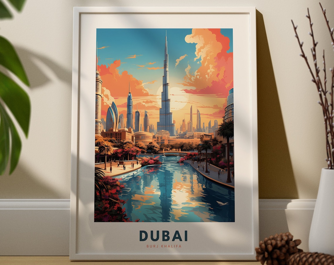 Dubai Travel Poster Burj Khalifa Skyline Sunset Modern City Landmark