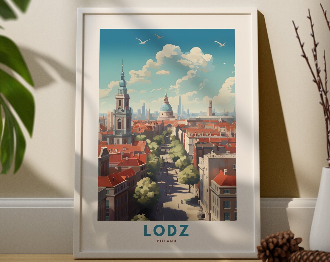Lodz Poland Travel Poster with City Skyline and Church Towers