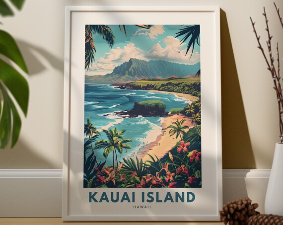 Kauai Island Hawaii Tropical Beach Vintage Travel Poster Art