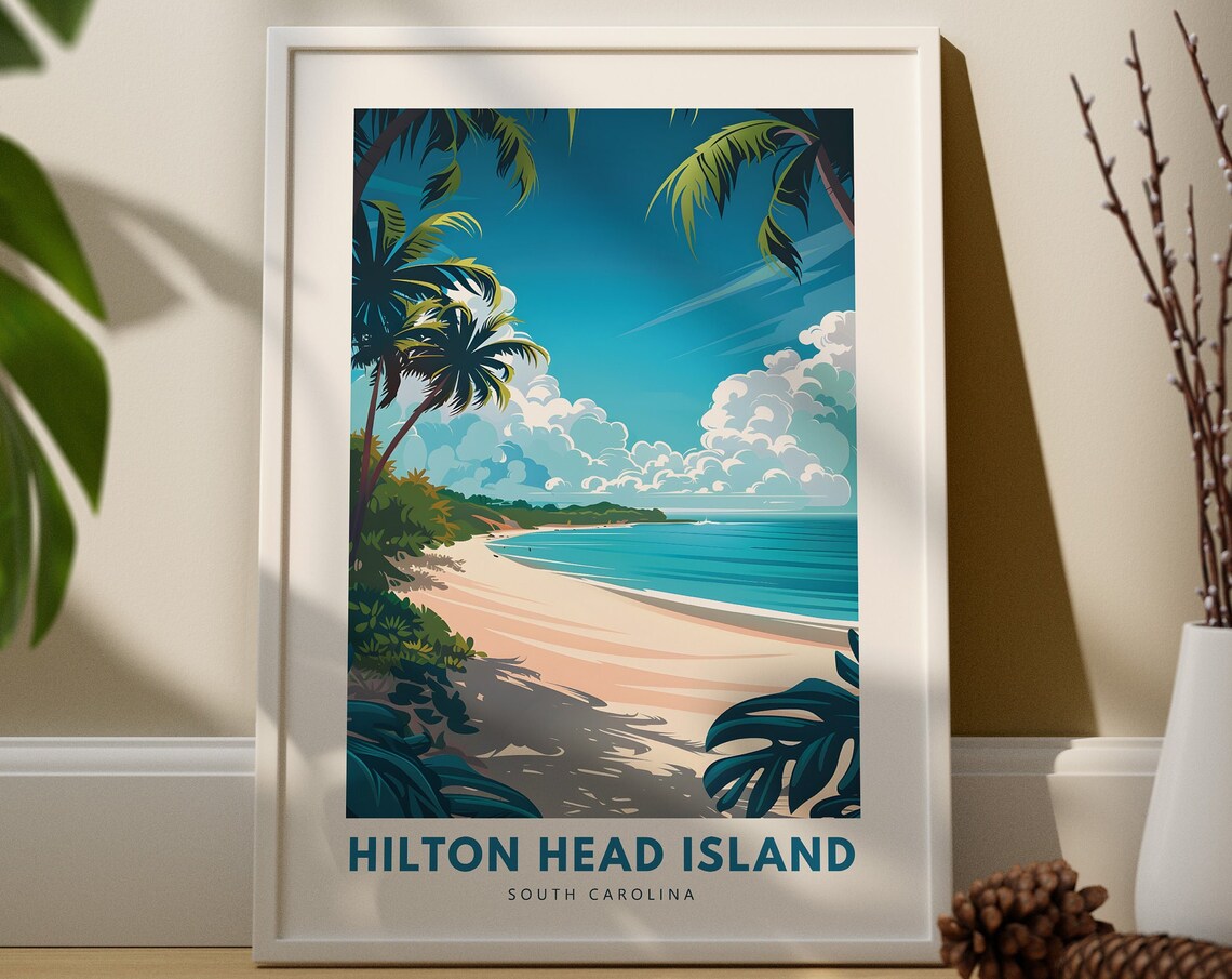 Hilton Head Island South Carolina Travel Poster Beach Palms Ocean Scene