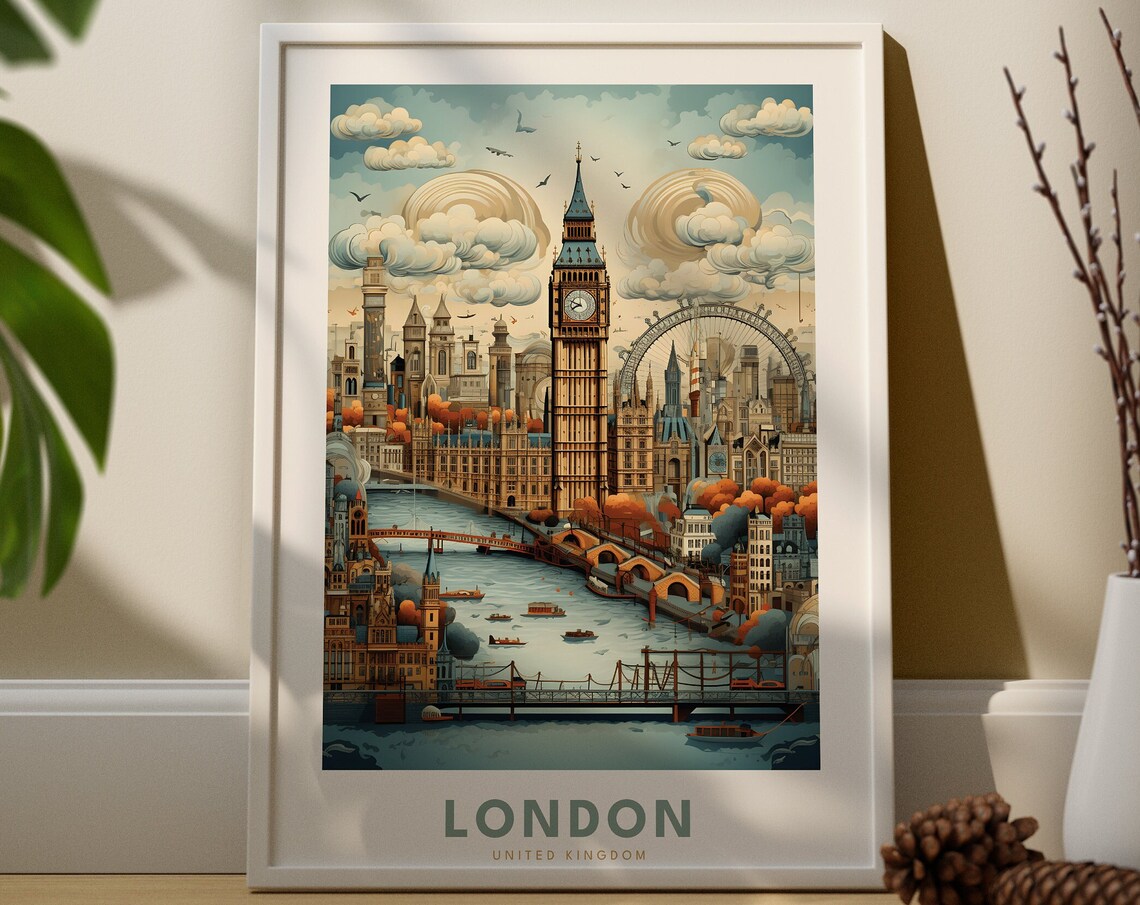 London United Kingdom Big Ben Thames Illustrated Cityscape Travel Poster