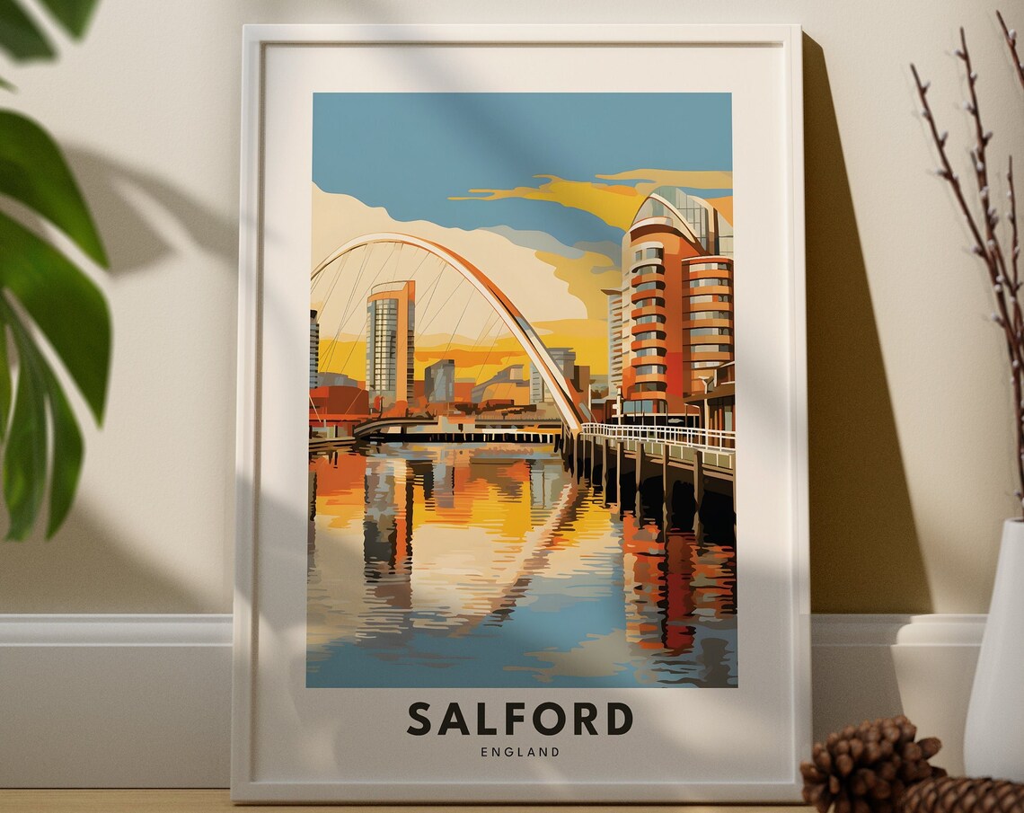 Salford England Modern Bridge Sunset City Skyline Travel Poster Art