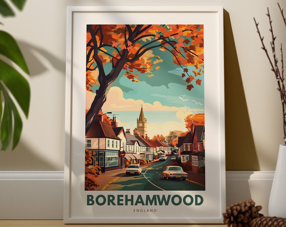 Borehamwood England Autumn High Street Church Spire Travel Poster
