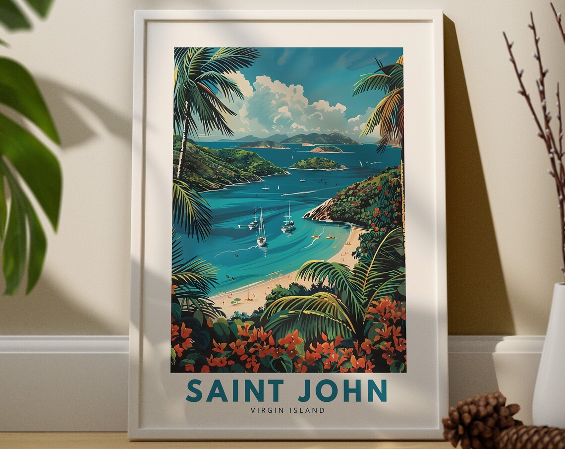 Saint John Virgin Island Tropical Bay Sailboats Travel Poster