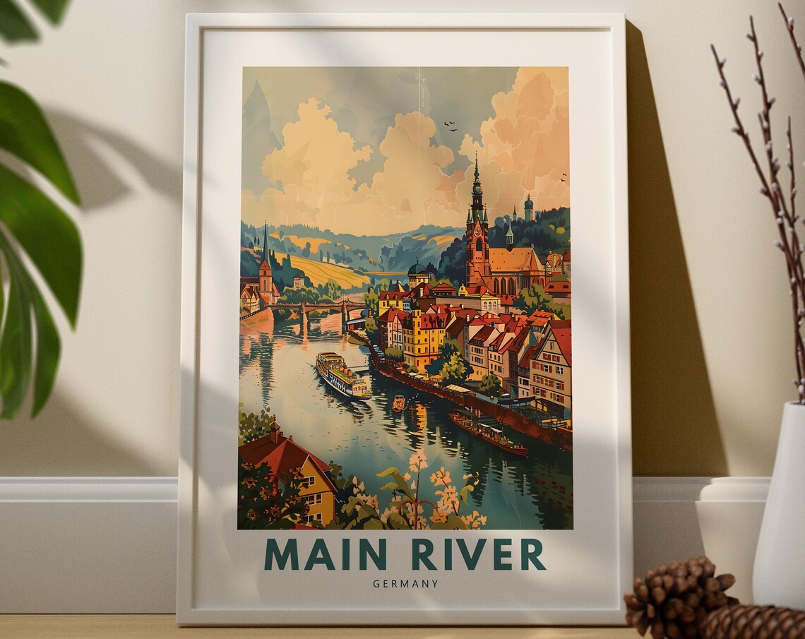 Main River Germany Riverside Old Town Boats Travel Art Poster