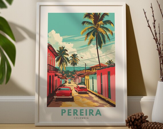 Pereira Colombia Classic Cars Palm Street Vintage Travel Poster
