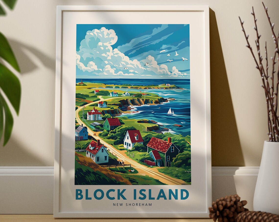 Block Island New Shoreham Travel Poster Coastal New England Getaway Scene