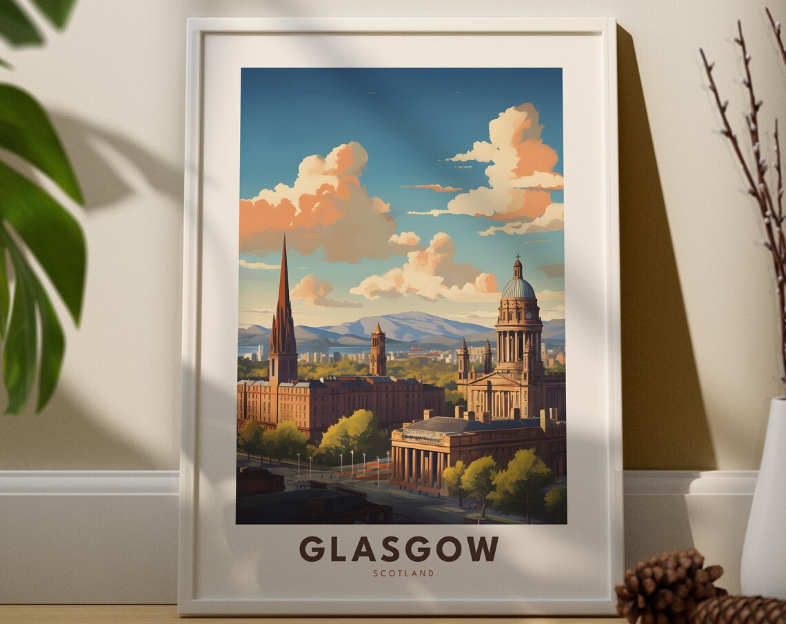 Glasgow Scotland Vintage City Skyline Spire Dome Travel Poster Art