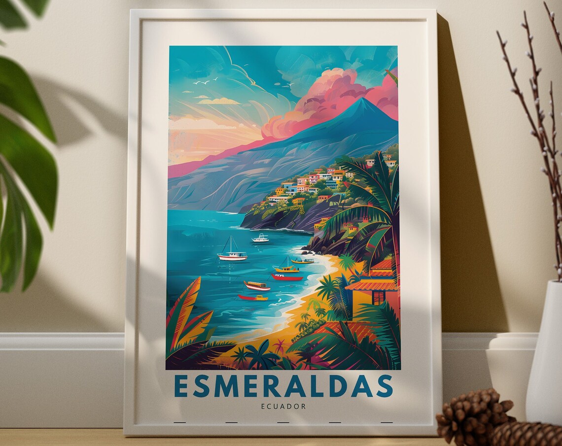 Esmeraldas Ecuador Tropical Beach Boats Palm Retro Travel Poster