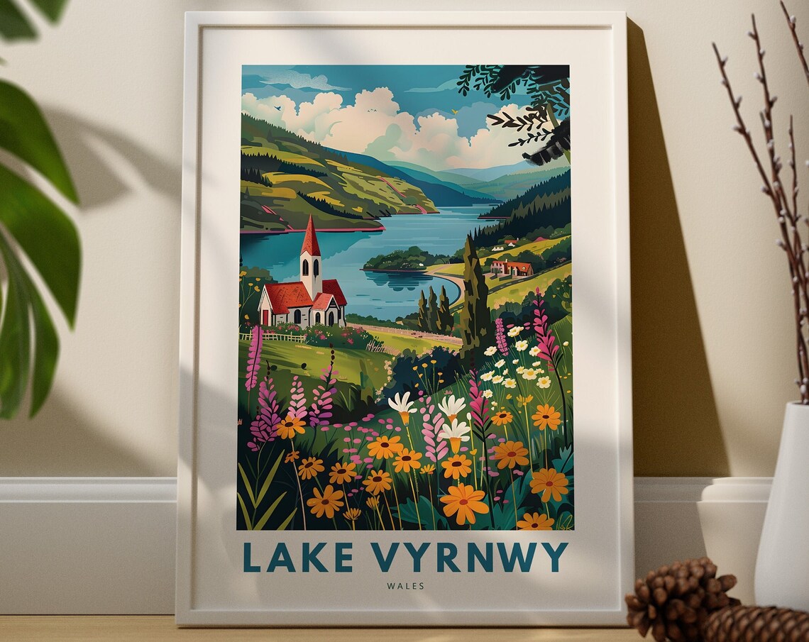 Lake Vyrnwy Wales Travel Poster Of Church By The Lake And Wildflowers