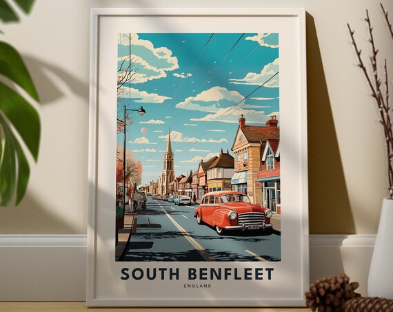 South Benfleet England Vintage Car Street Church Spire Travel Poster