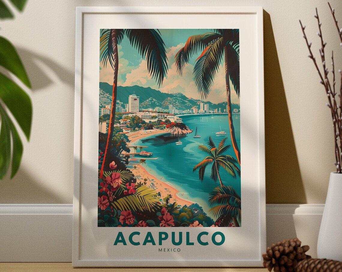 Acapulco Mexico Beach Bay Palm Trees Tropical Paradise Travel Poster