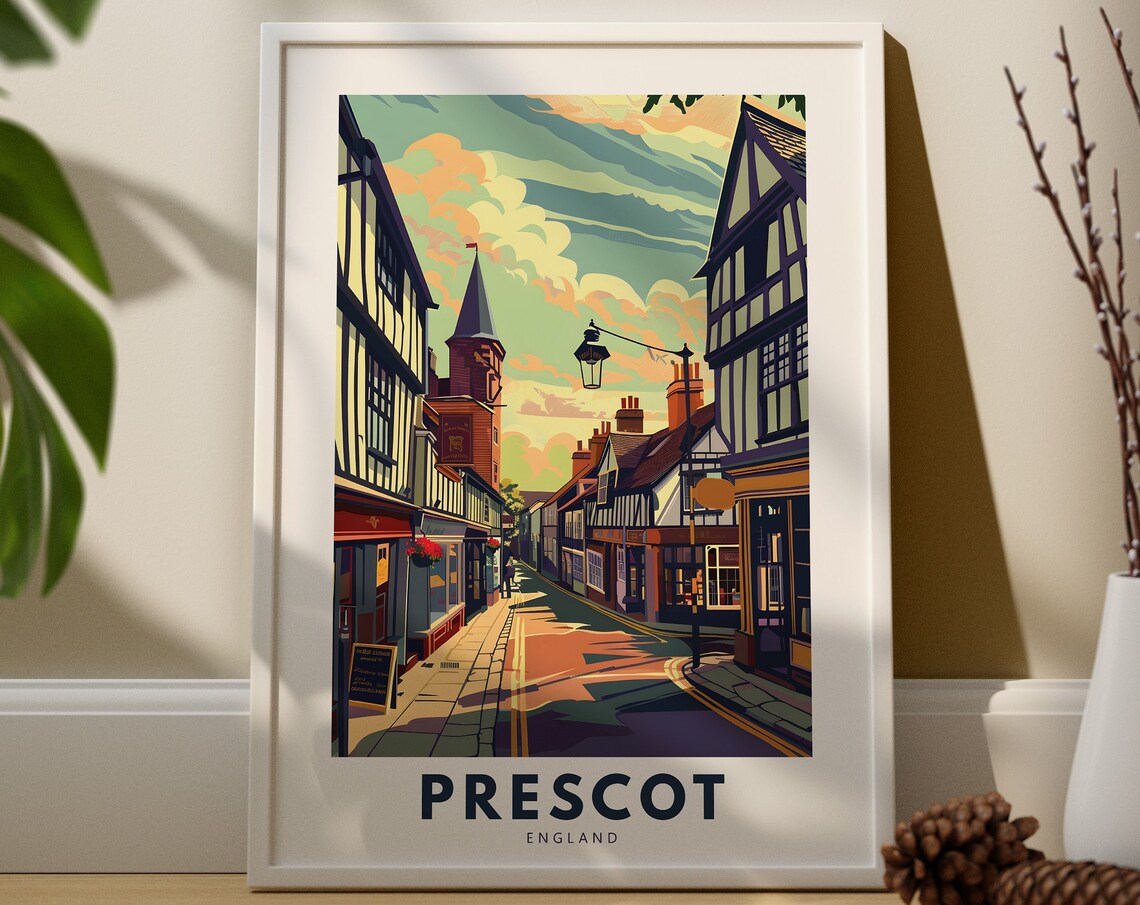 Prescot England Retro High Street Travel Poster Historic Tudor Shops