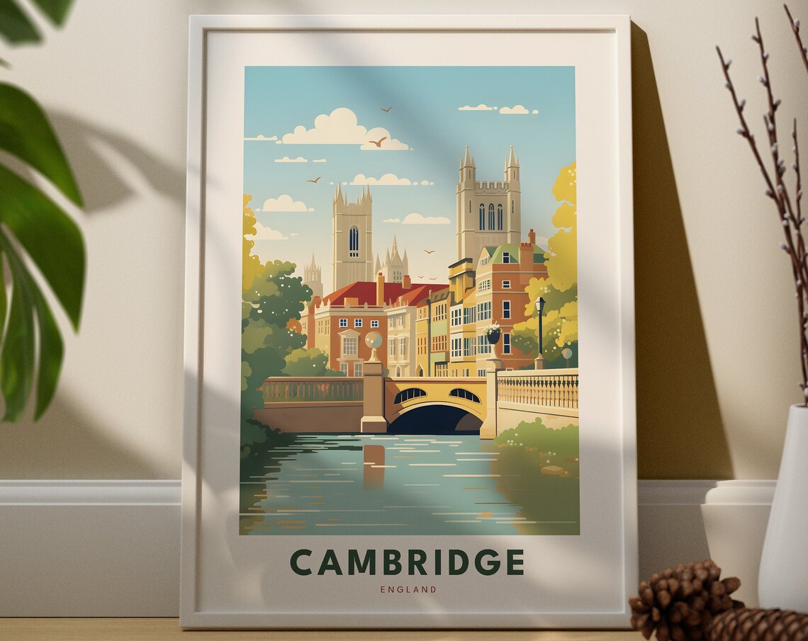 Cambridge England River Bridge College Towers Sunny Travel Art Poster