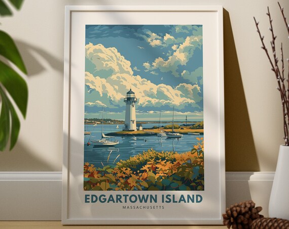 Edgartown Island Massachusetts Travel Poster Lighthouse Sailboat Harbor View