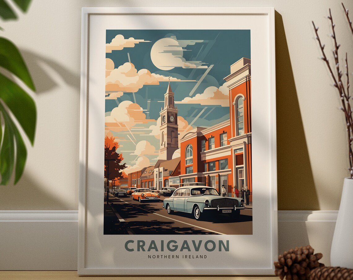 Craigavon Northern Ireland Clock Tower Classic Cars Street Travel Poster