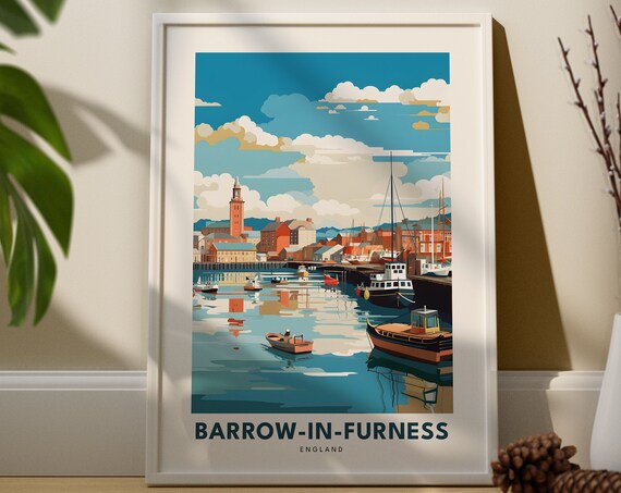 Barrow in Furness Harbor Boats Vintage England Travel Poster