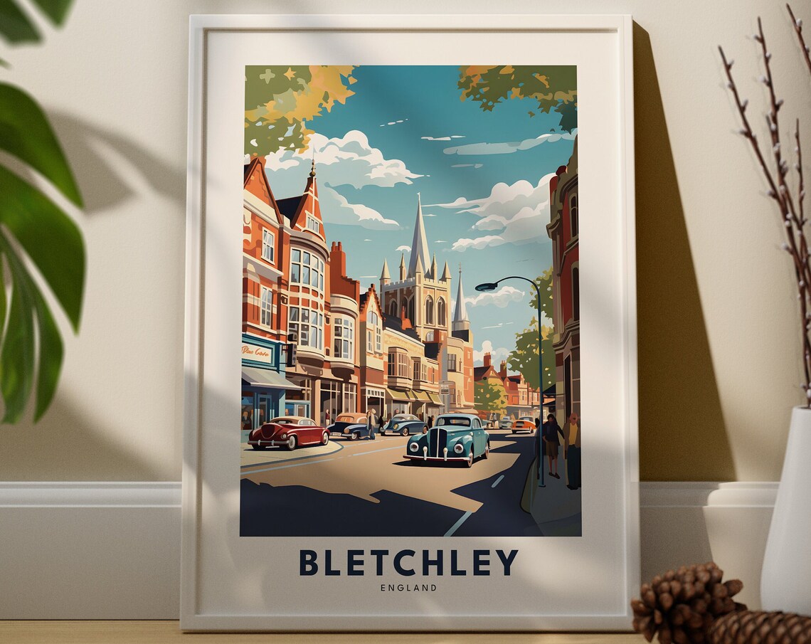 Bletchley England Vintage High Street Church Spire Classic Cars Poster