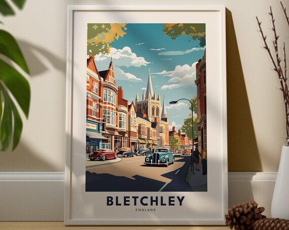 Bletchley England Vintage High Street Church Spire Classic Cars Poster