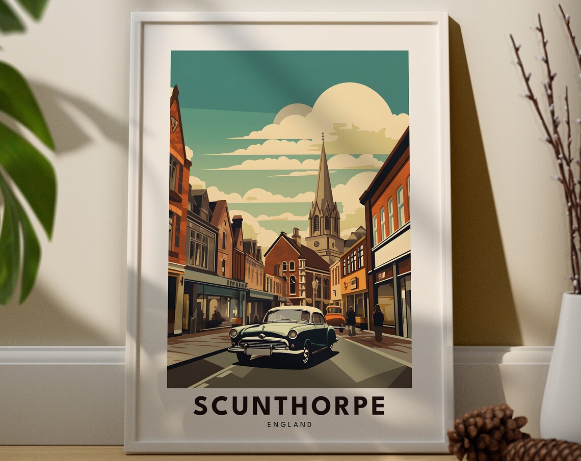 Scunthorpe England Vintage High Street Classic Car Illustration Travel Poster