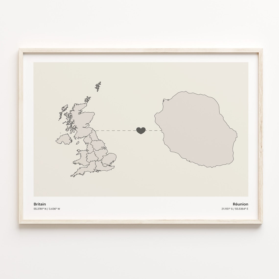 Britain To Reunion Minimalistic Heart Love Connection Map Poster