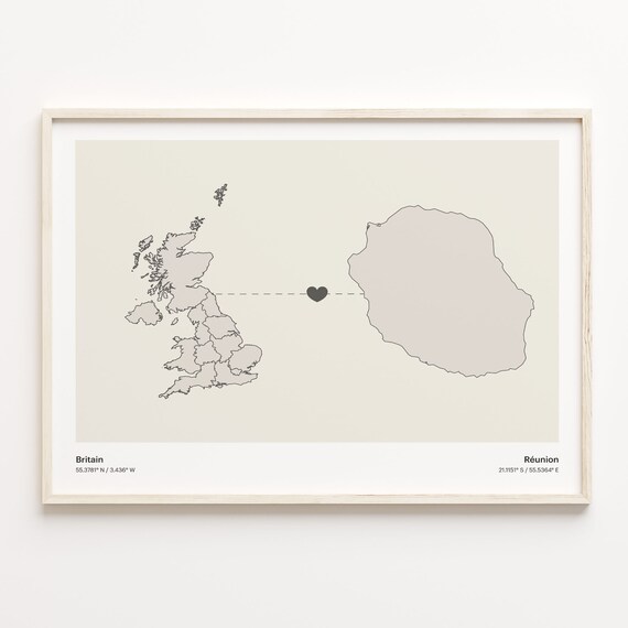 Britain To Reunion Minimalistic Heart Love Connection Map Poster