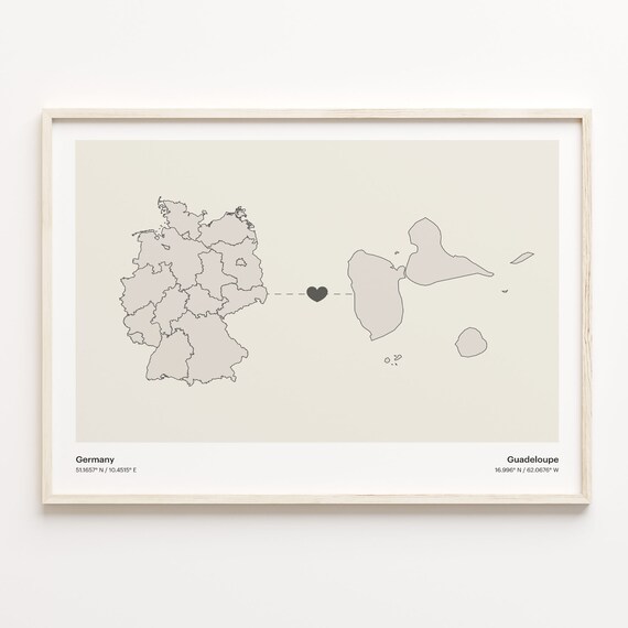 Germany to Guadeloupe Heart Connection Minimalist Country Map Poster