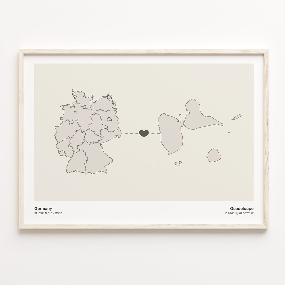 Germany to Guadeloupe Heart Connection Minimalist Country Map Poster