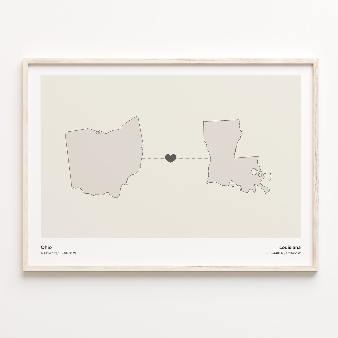 Ohio to Louisiana Long Distance Love Heart Connection Map Poster