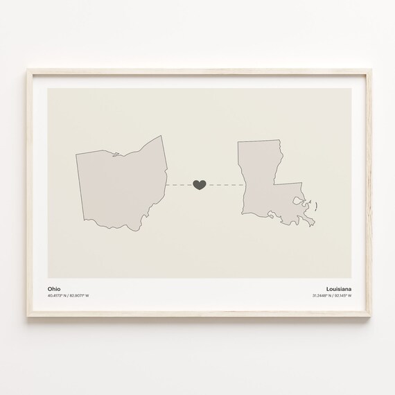 Ohio to Louisiana Long Distance Love Heart Connection Map Poster