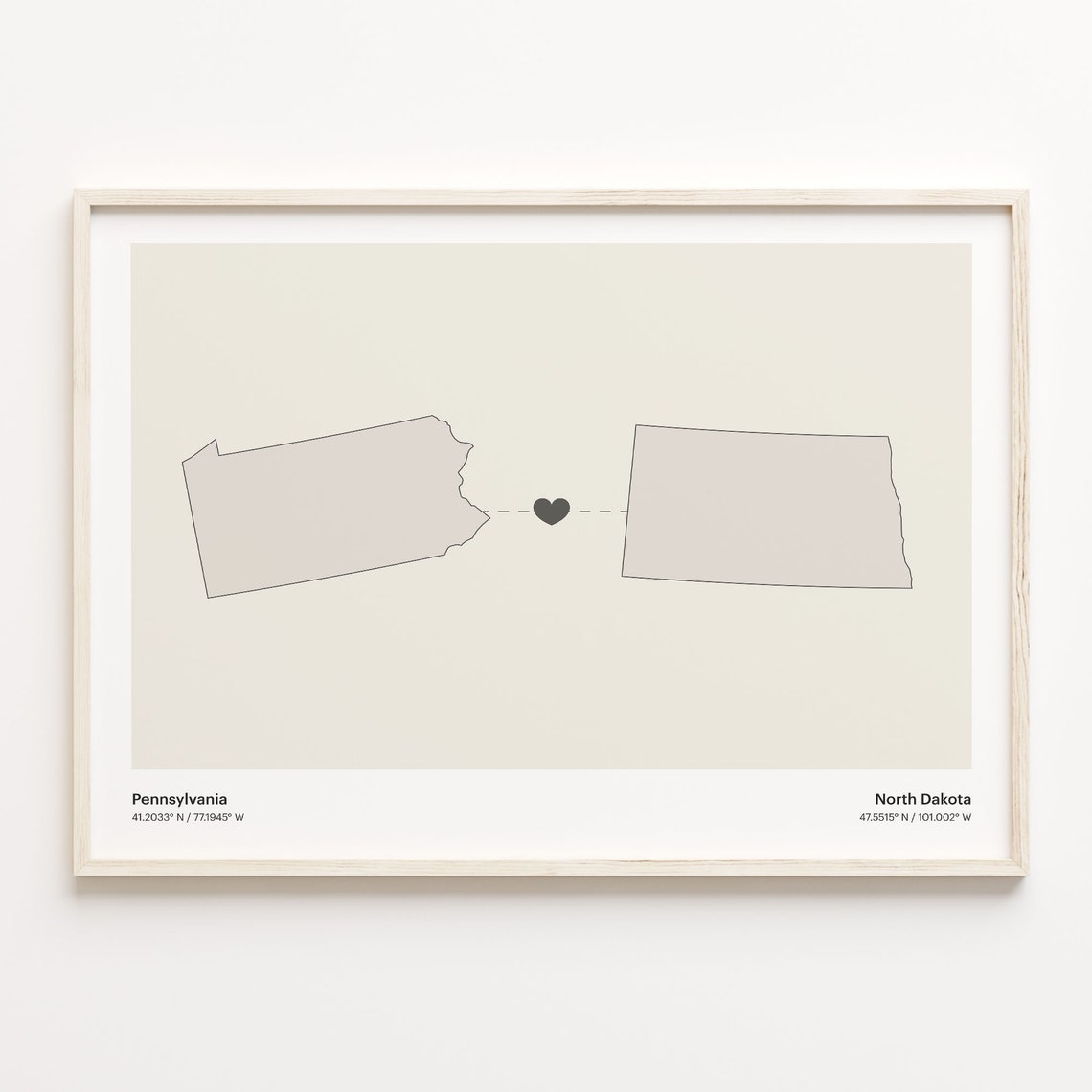 Pennsylvania to North Dakota Connection Map Poster Heart Artwork