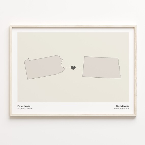 Pennsylvania to North Dakota Connection Map Poster Heart Artwork