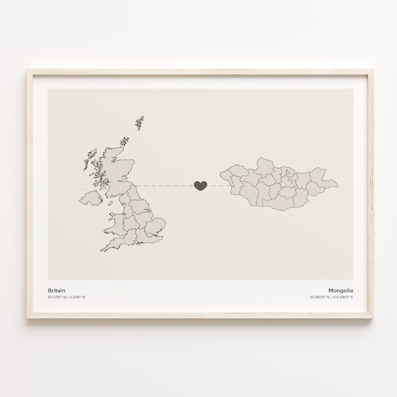 Britain to Mongolia Minimalist Long Distance Heart Map Connection Poster