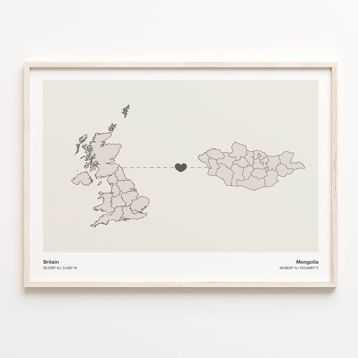 Britain to Mongolia Minimalist Long Distance Heart Map Connection Poster