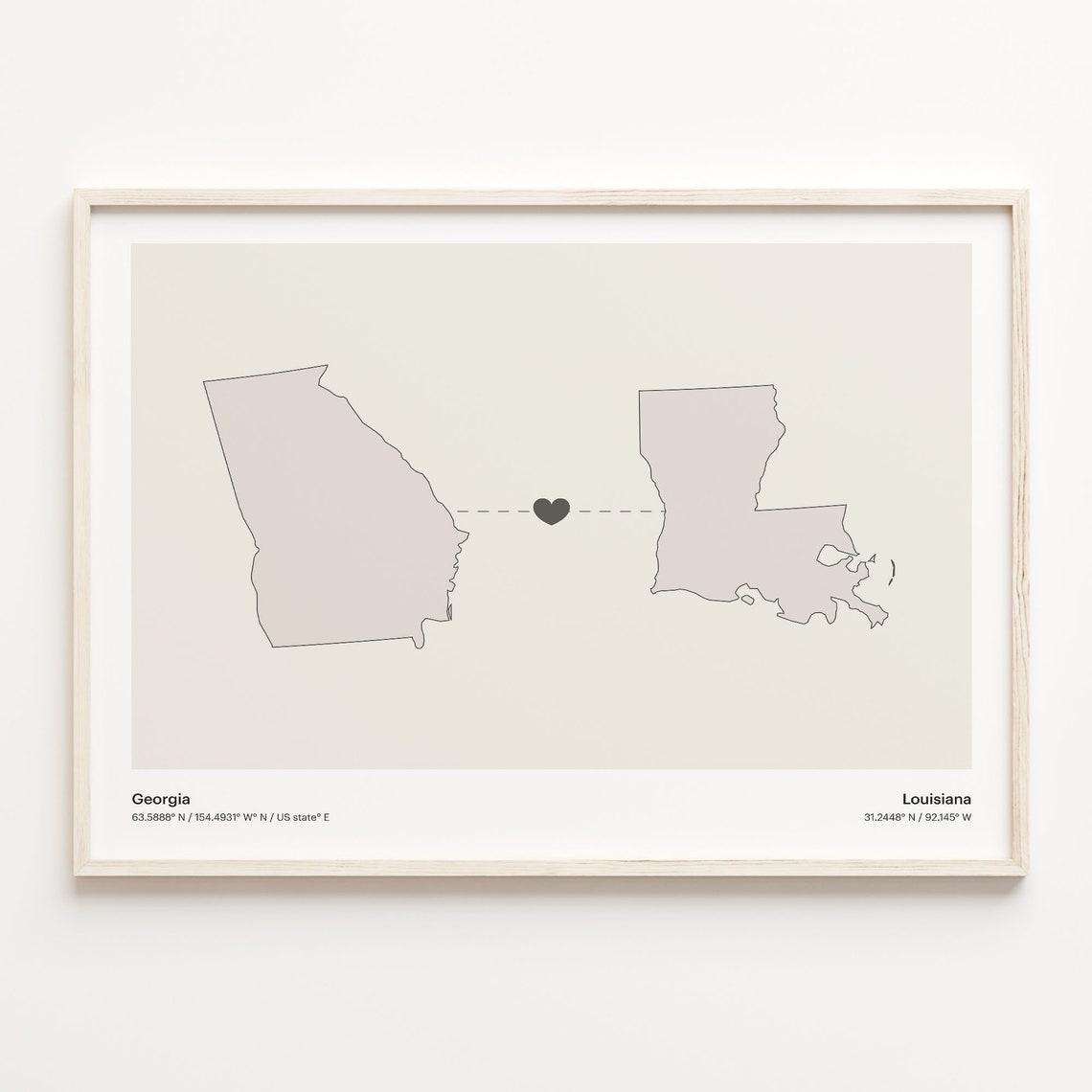 Georgia and Louisiana Long Distance Heart Map Connection Poster