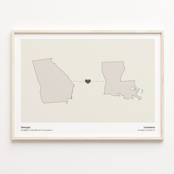 Georgia and Louisiana Long Distance Heart Map Connection Poster