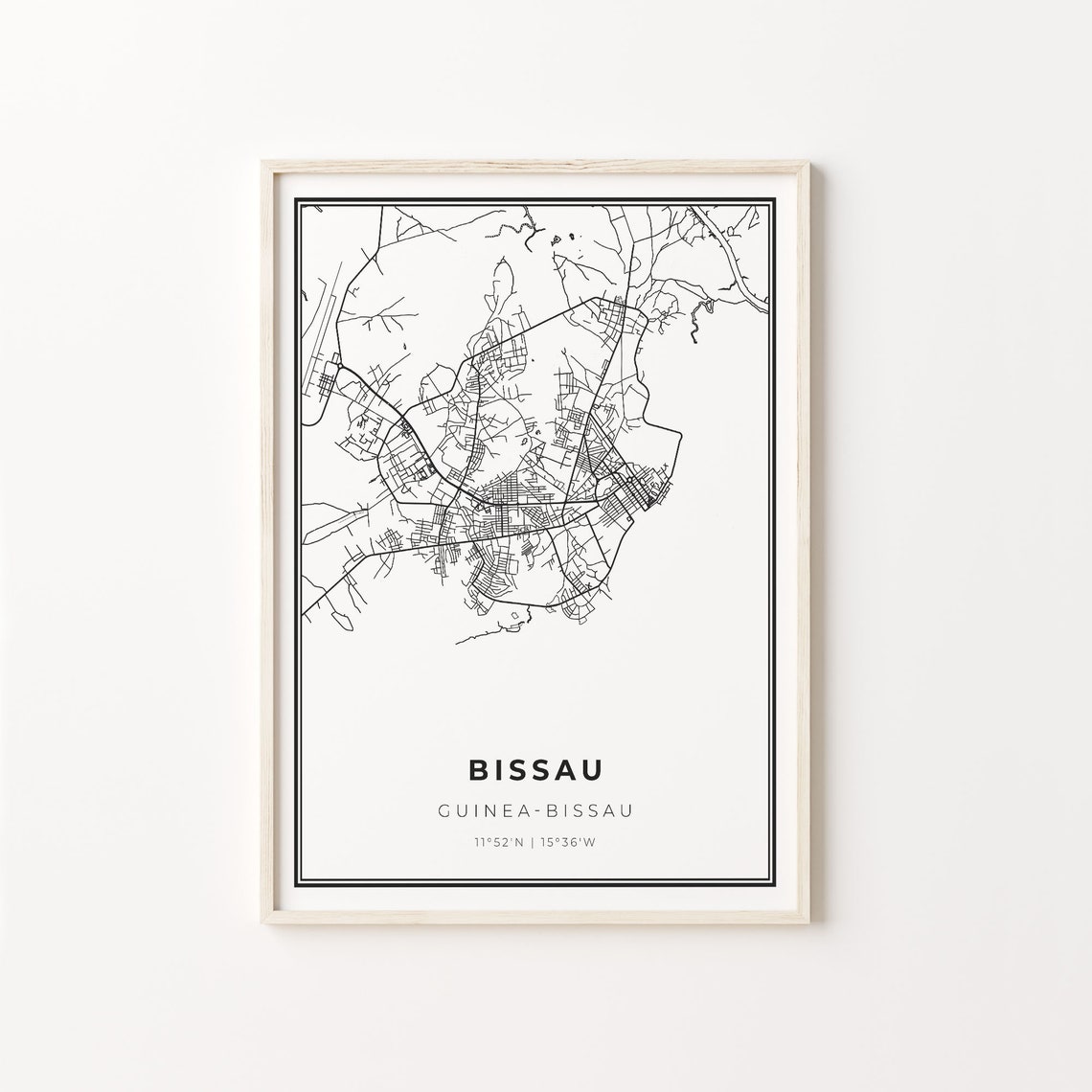 Bissau Guinea-Bissau Minimalist Black and White City Street Map Poster