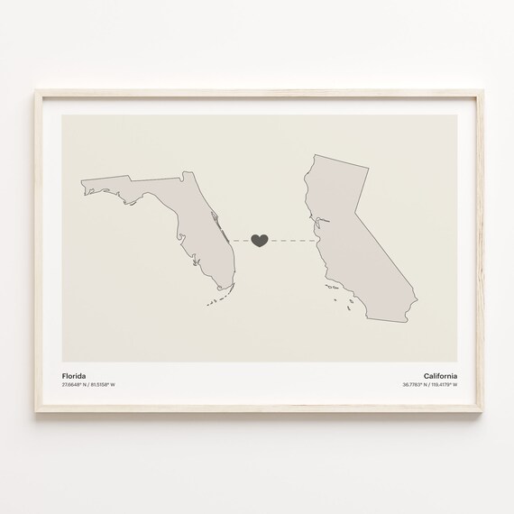 Florida To California Minimalist Heart Long Distance Connection Poster