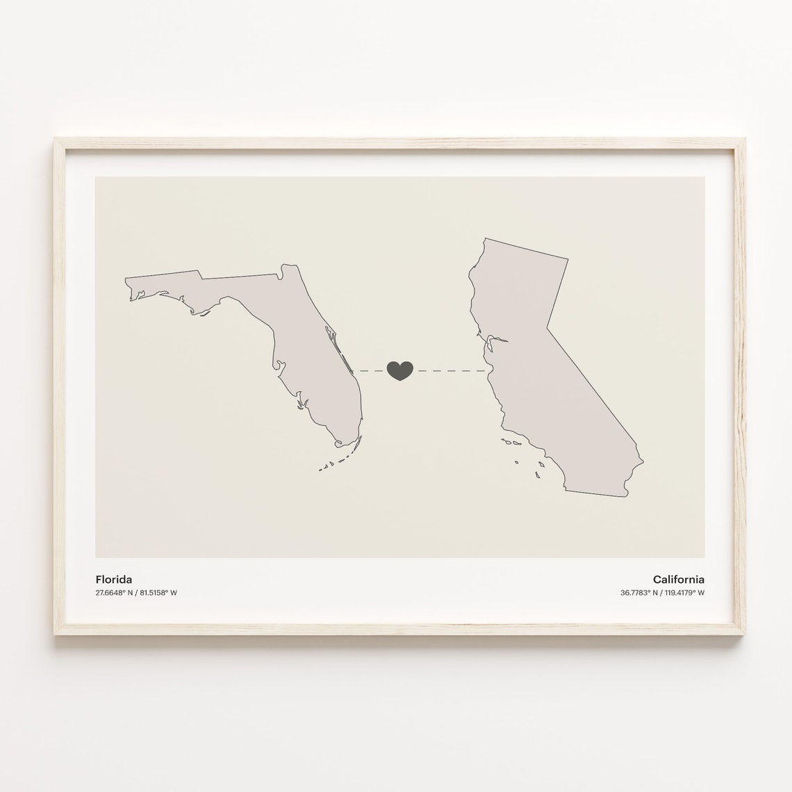 Florida To California Minimalist Heart Long Distance Connection Poster