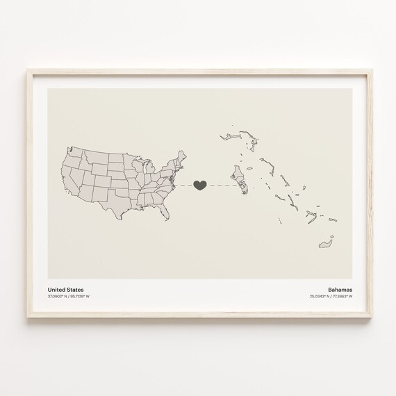United States To Bahamas Long Distance Heart Connection Map Poster