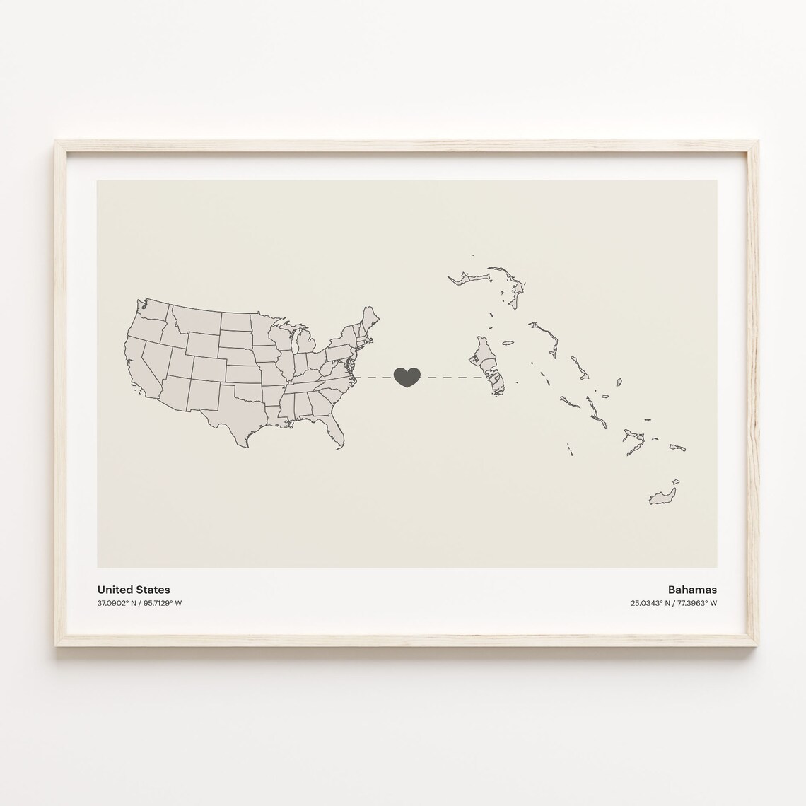 United States To Bahamas Long Distance Heart Connection Map Poster