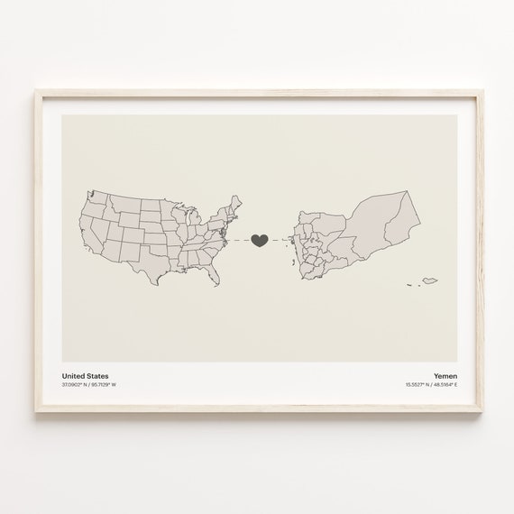 United States To Yemen Print Yemeni Gift Minimalistic Country Connection Map Poster Usa Wall Art Adventure Awaits C21197