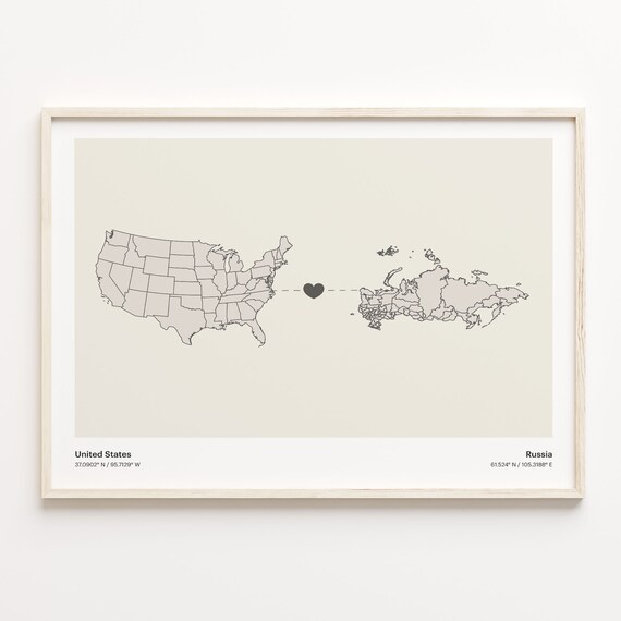 United States to Russia Heart Connection Map Minimalist Poster