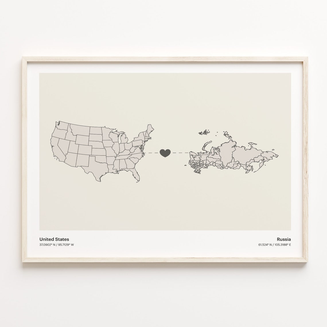 United States to Russia Heart Connection Map Minimalist Poster