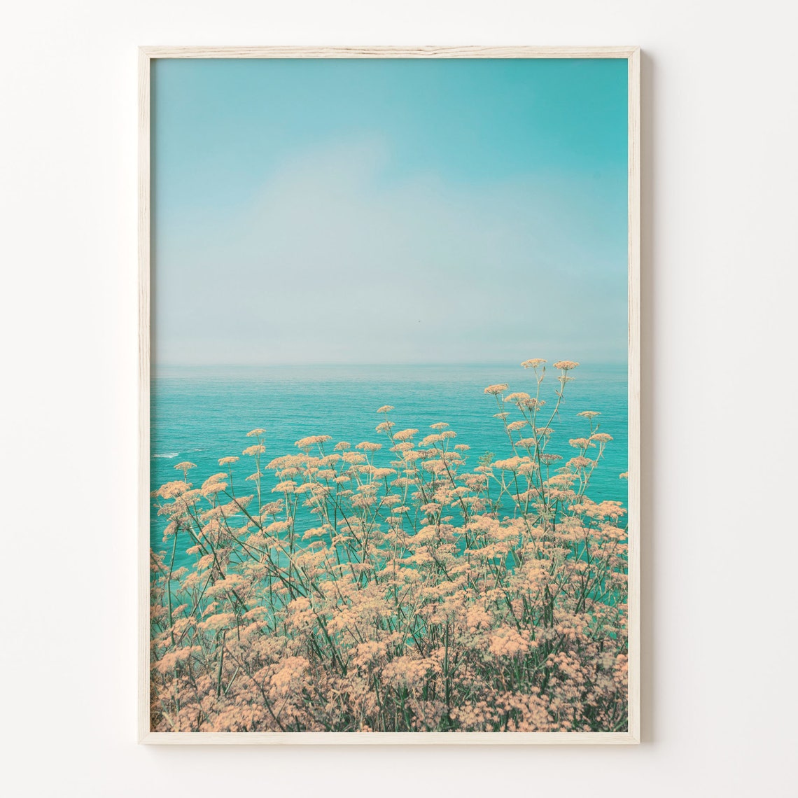 Yellow Wildflowers Turquoise Sea Clear Sky Coastal Photo Poster