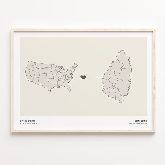 United States To Saint Lucia Long Distance Heart Connection Map Poster