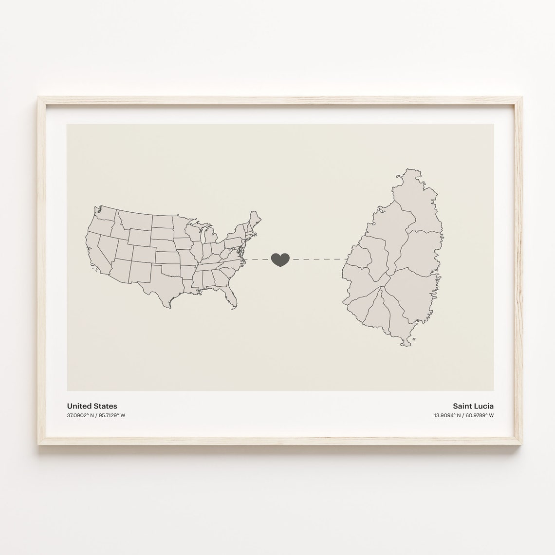 United States To Saint Lucia Long Distance Heart Connection Map Poster