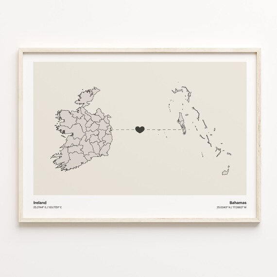Ireland to Bahamas Long Distance Love Heart Connection Map Poster