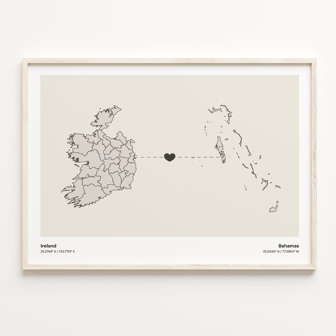 Ireland to Bahamas Long Distance Love Heart Connection Map Poster